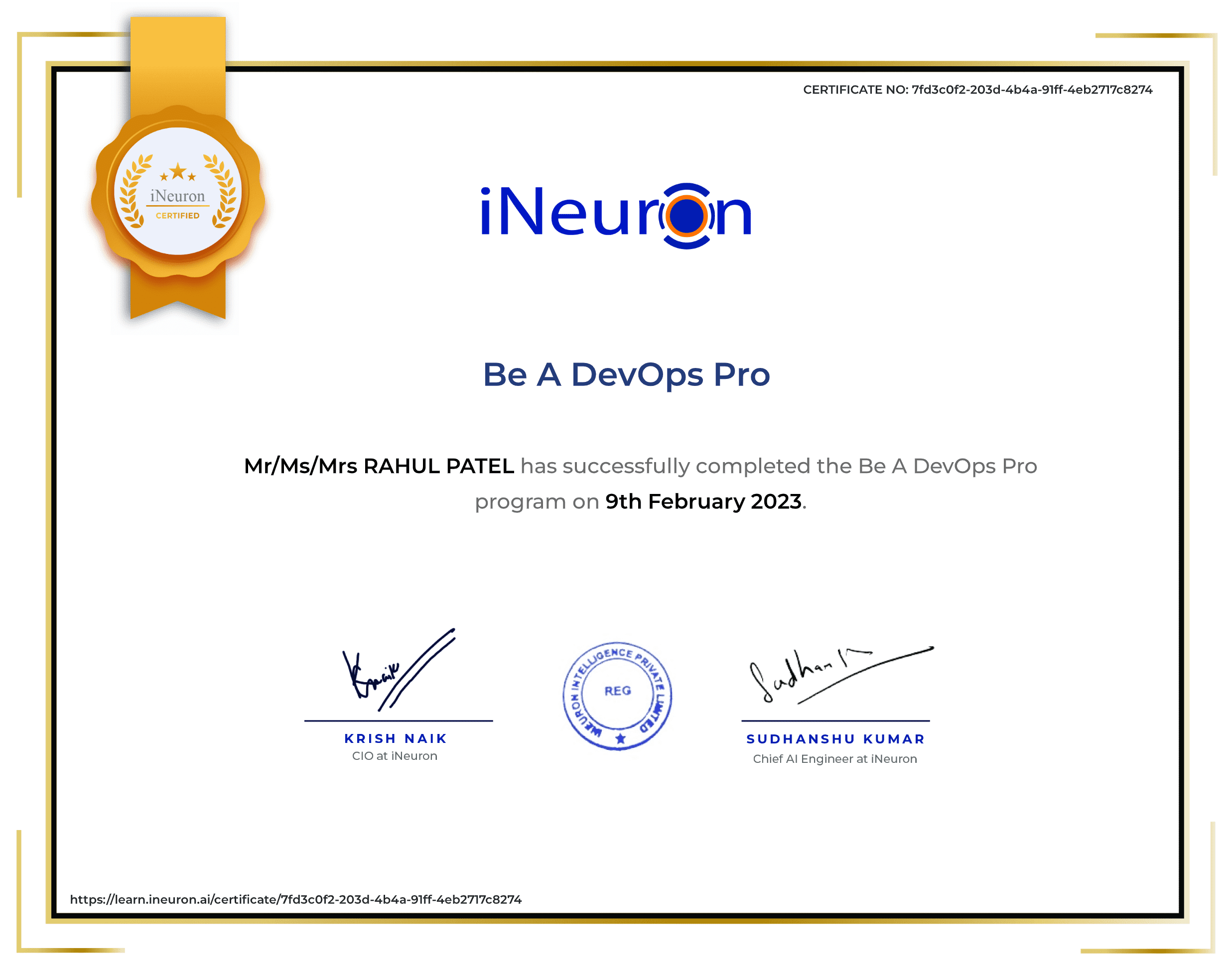 INeuron Be A DevOps Pro Certificate